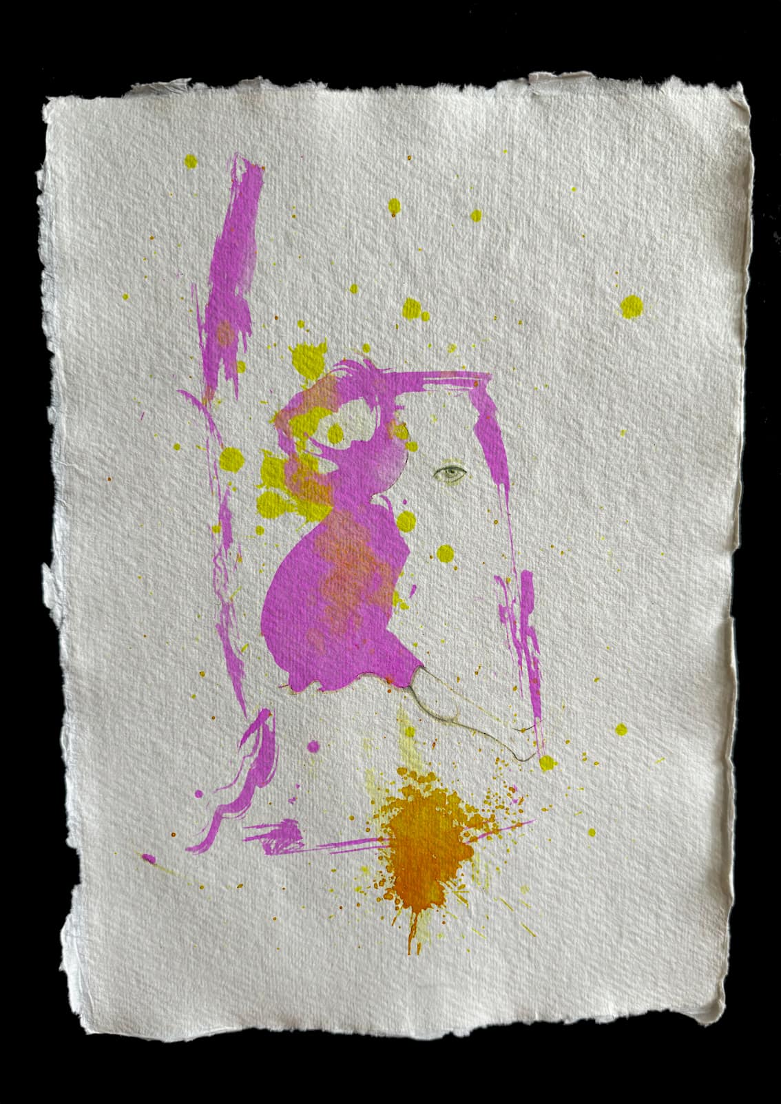 Action painting pink yellow and pencil