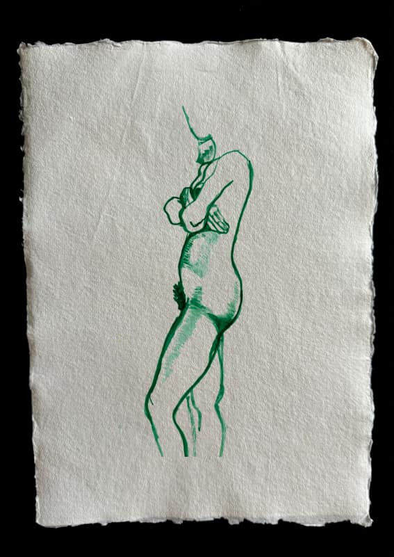 Green female nude in a thinking pose